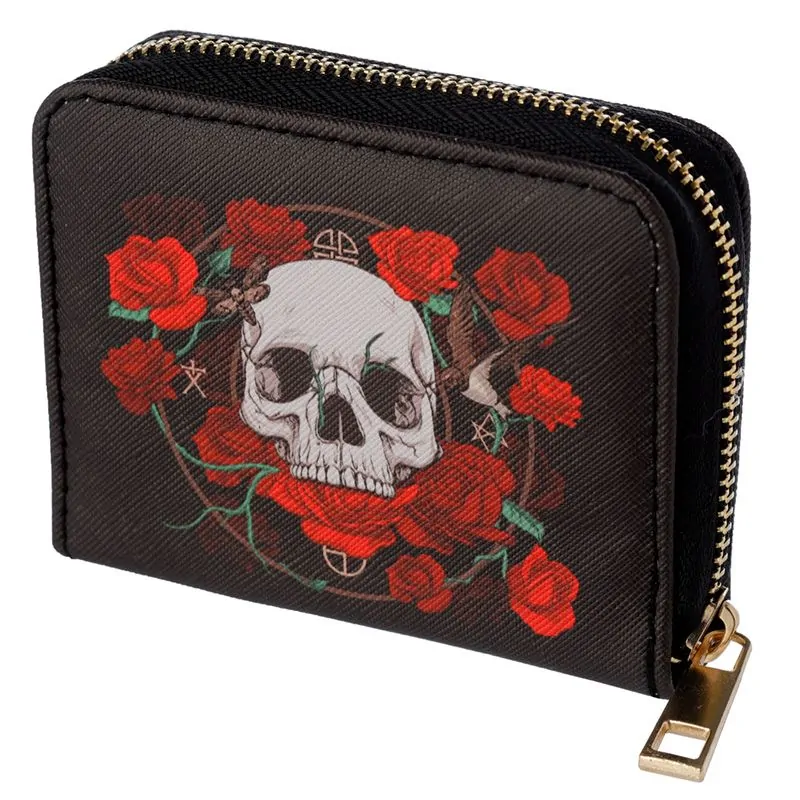 Carteira Pequena com Fecho Zip – Caveira Grande e Rosas – Design Gótico e Compacto, 11x9x2cm, Fecho de Metal, Ideal para Moedas, Notas e Cartões, Estilo Alternativo com Padrão Impactante, Material Durável em PVC e Poliéster - Image 7