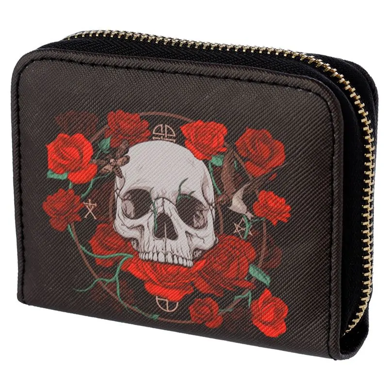 Carteira Pequena com Fecho Zip – Caveira Grande e Rosas – Design Gótico e Compacto, 11x9x2cm, Fecho de Metal, Ideal para Moedas, Notas e Cartões, Estilo Alternativo com Padrão Impactante, Material Durável em PVC e Poliéster - Image 5