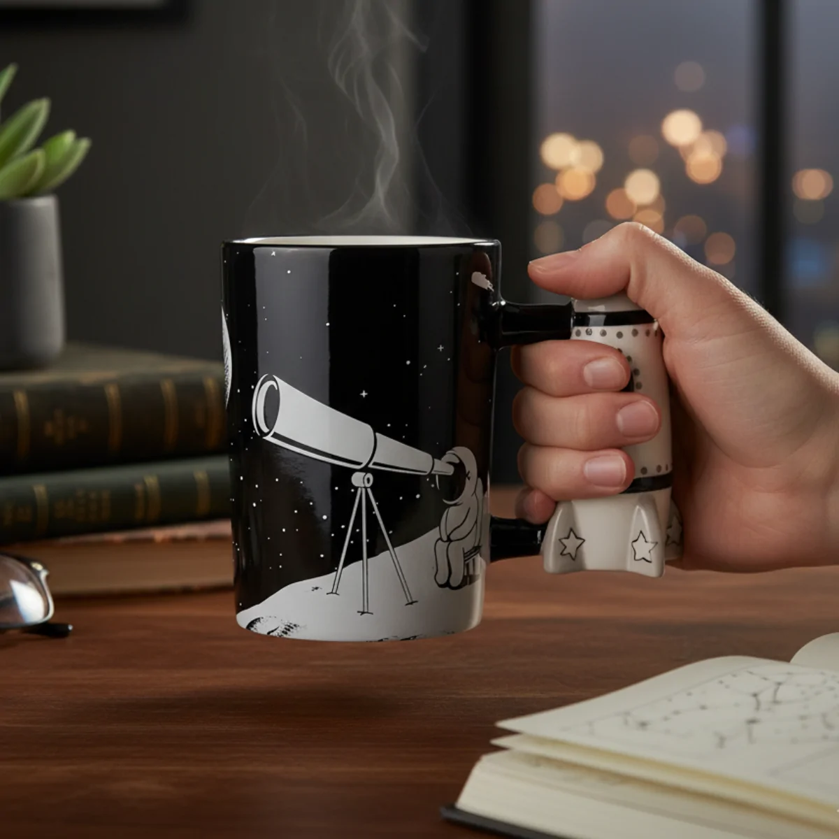Caneca Astronauta com asa em formato Foguetão, 300 ml, Cerâmica Dolomítica, ca. 14 x 12 cm, Prenda Criativa para Fãs do Espaço