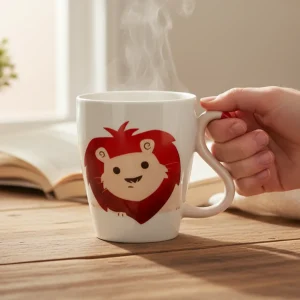 Caneca de Porcelana com Asa em Forma de Cauda de Leão – 340ml, Design Divertido, Apta para Micro-ondas e Máquina de Lavar Loiça, Ideal para Café e Chá, Ótima Prenda para Amantes de Animais