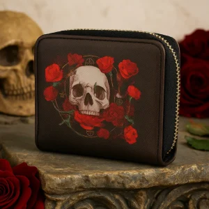 Carteira Pequena com Fecho Zip – Caveira Grande e Rosas – Design Gótico e Compacto, 11x9x2cm, Fecho de Metal, Ideal para Moedas, Notas e Cartões, Estilo Alternativo com Padrão Impactante, Material Durável em PVC e Poliéster