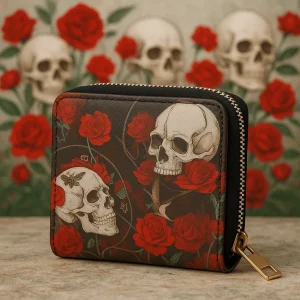Carteira pequena com fecho Zip – Caveiras e Rosas