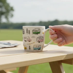 Caneca Caravana – 300ml, Porcelana, Design de Autocaravana, Apta para Micro-ondas e Máquina de Lavar Loiça, Ideal para Amantes Caravanas, Ótima Prenda